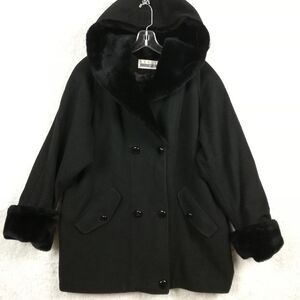 Vtg Leslie Fay Womens Coat Wool Blend Hooded Black Faux Fur Double Breasted‎ 10